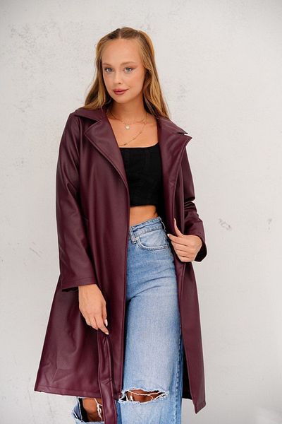 İLKCET MODA Belted Buttonless Faux Leather Long Trench Coat