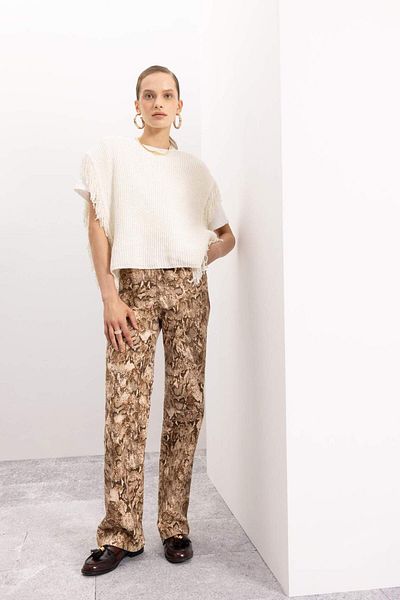 DeFacto Leopard Print Long Gabardine Pants with High Waist Pockets - D1229Ax24Sm