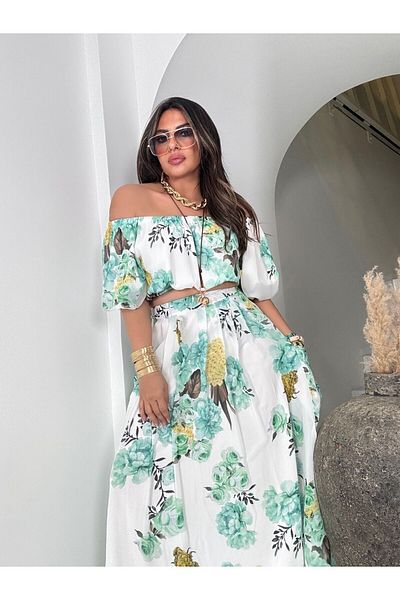 369 etnik butik Floral Print Off-The-Shoulder Crop Blouse and Long Skirt Set – 3 Color Options
