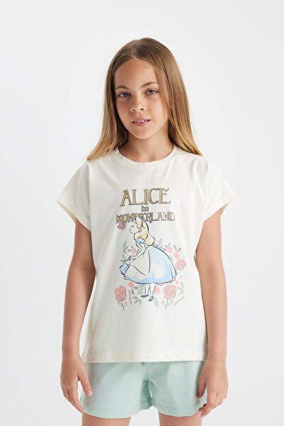 DeFacto Kız Çocuk Alice In Wonderland Pijama Takımı Boxy Fit Kısa Kollu Üst Şort C8521A824SM