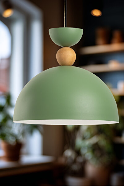 AmberLED Celesta Ahşap Boncuk Detaylı Yeşil Sarkıt Aydınlatma Metal Sıvama Ev Ofis Cafe Restoran Avizeleri