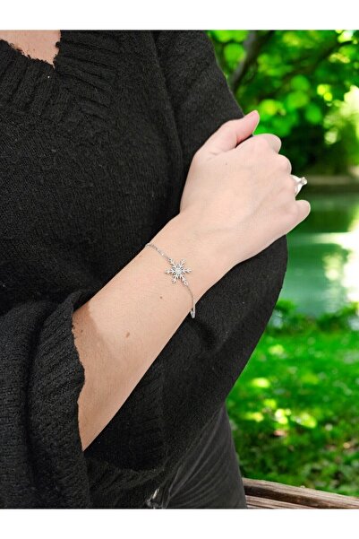 G&A Jewels - 925 Ayar Gümüş 0.01ct Pırlanta Taşlı Kar Tanesi Çift Zincirli Bileklik