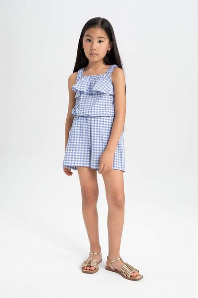 DeFacto Girls' 2-Piece Set Crinkle Strap Checked Blouse Shorts C5347A824Hs