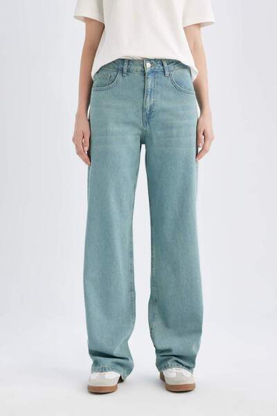 DeFacto Straight Wide Yüksek Bel Uzun Jean Yıkamalı Pantolon D0848AX24SM