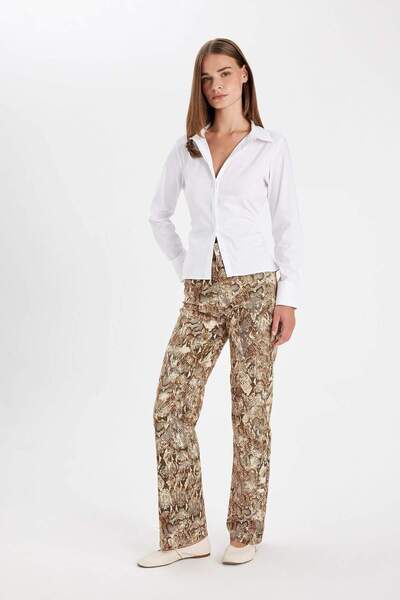 DeFacto Straight Fit Leopar Desenli Yüksek Bel Cepli Uzun Gabardin Palazzo Pantolon D1229AX24SM