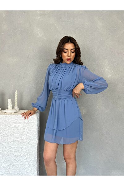 Nesil Korsajı Büzgülü Uzun Kol Mini Şifon Astarlı Elbise