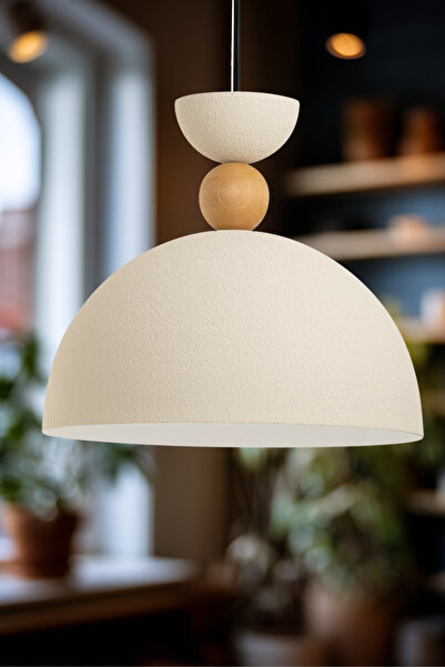 AmberLED Celesta Ahşap Boncuk Detaylı Dokulu Beyaz Sarkıt Aydınlatma Metal Sı...