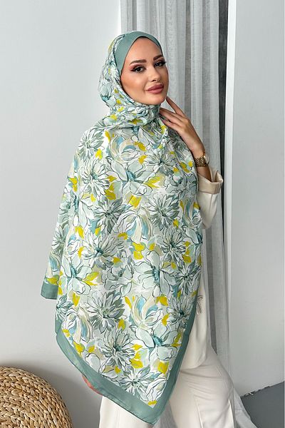 Stella Eşarp Lotus Flower Pattern Green Color Soft Cotton Shawl