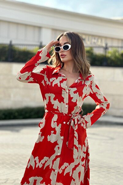 NEW LAVİVA Red Beige Long Sleeve - Belted Slit Viscose Shirt Dress (Narrow Fit)