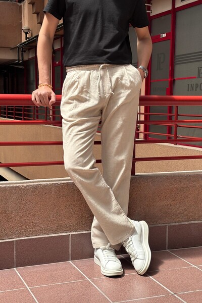 inpool Erkek, Bel lastikli, Geniş kesim, Keten dokuma, pamuklu, pileli pantolon 302