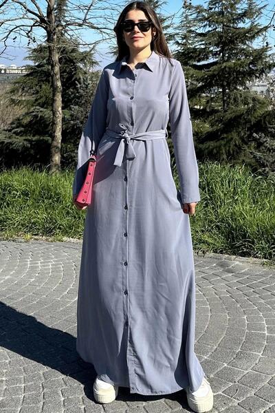 NEW LAVİVA Kadın Gri Kupra Kumaş, Uzun Kol, Beli Kuşaklı, Vucüda Oturan Kalıp, Uzun Gömlek Elbise