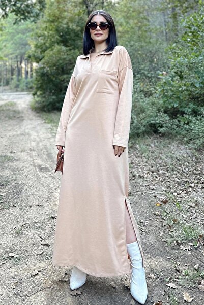 NEW LAVİVA Kadın Bej Polo Yaka, Uzun Kol, Cepli, Yırtmaçlı, Salaş, Maksi Boy, Örme Elbise