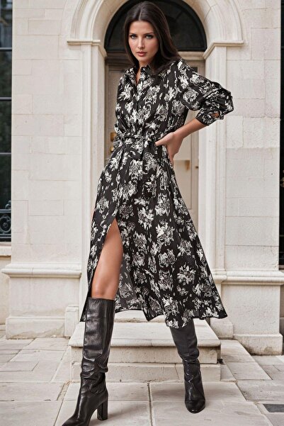 NEW LAVİVA Чорна сорочка з коміром, квітковим візерунком, поясом і довгою спі...