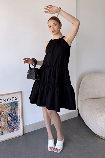 NEW LAVİVA Kadın Siyah Kolsuz, Halter Yaka, Düz Renk Desen, A-line Kalıp/Kesi...