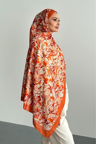 Stella Eşarp Lotus Flower Pattern Tile - Orange Color Soft Cotton Shawl