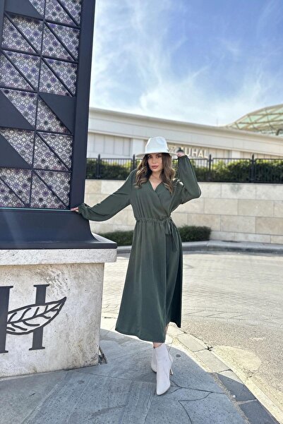 NEW LAVİVA Kadın Haki Kruvaze Yaka, Yırtmaçlı, Beli Kuşaklı, Kol Bilekleri Lastikli, Salaş, Uzun Elbise