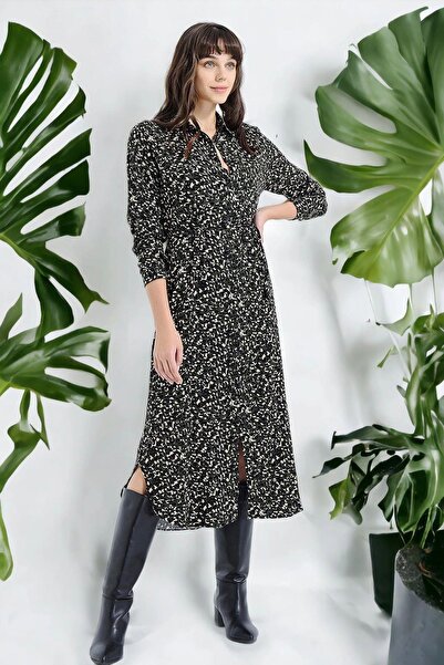 NEW LAVİVA Women's Khaki Leopard Print Slit Long Sleeve Classic Collar Maxi Length, Long Comfortable and Casual Dress
