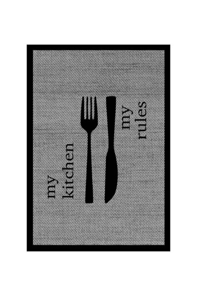 Decomia Home Dijital Kaymaz Jüt Görünümlü Gri Kitchen Siyah Çerçeveli Mutfak Halısı