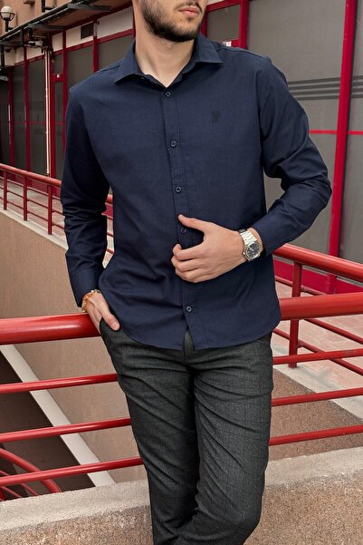 inpool Чоловіча сорочка, комір, прямий крій, бавовна, лляне полотно, Old Money Culture, сорочка з вишивкою G10