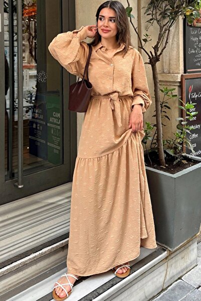 NEW LAVİVA Γυναικείο φόρεμα σε χρώμα Camel - Ζώνη στη μέση, Μπαλόνι μανίκι, Α-γραμμή, Vintage Maxi - Κατάλληλο για Hijab