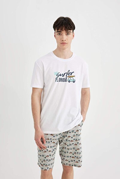 DeFacto Pajama Set with Regular Fit Printed Short Sleeve Shorts C2884AX24SM