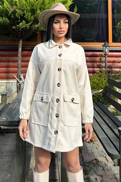 NEW LAVİVA Stone Button Detailed Flap Pocket, Midi Fleece Stamp Jacket