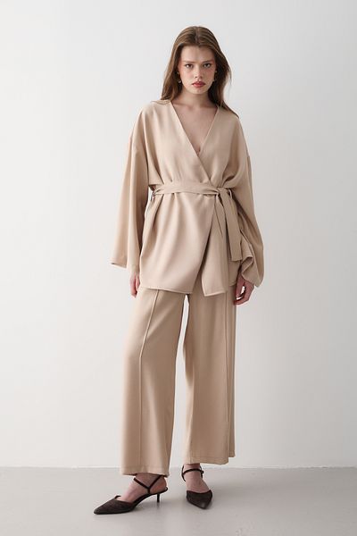 JASTE Women's Beige V-Neck Belt Detailed Bottom & Top Set