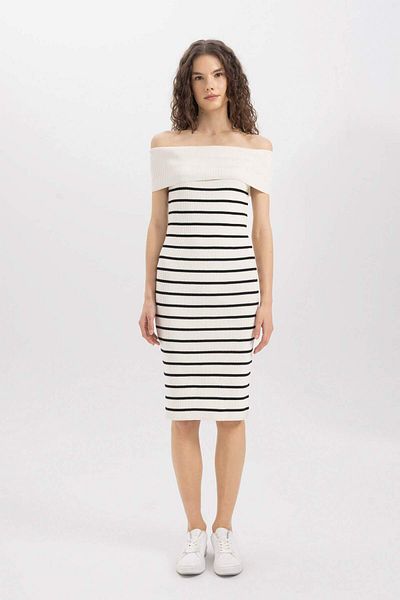 DeFacto Rochie midi cu umăr deschis în dungi D2995AX24SM