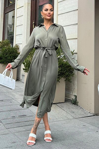 NEW LAVİVA Φόρεμα μίντι πουκάμισο με ζώνη χακί μέσης