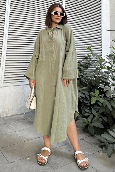 NEW LAVİVA قماش موسلين كاكي نسائي، كم خفاش، تنورة بيضاوية، جيوب مزدوجة، فستان...