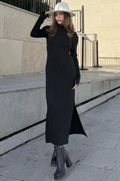 NEW LAVİVA Kadın Siyah Bogazlı, Yırtmaç Detaylı, Vucuda Oturan Kalıp, Triko Elbise