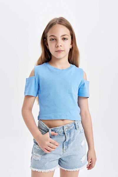 DeFacto Kız Çocuk Slim Fit Dar Kesim Bisiklet Yaka Basic Düz Ribana Kısa Kollu Tişört C9714A824HS