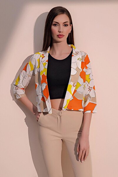 NEW LAVİVA Women's Orange Stylish Patterned Poplin Crop Jacket