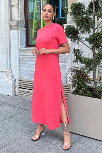 NEW LAVİVA Coral Colored Long Dress for Women - Short Sleeve, Crew Neck, Buttoned Shoulder, Double Slit