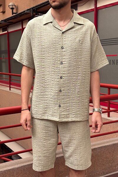 inpool Men'S, Seersucker, Summer, Loose Fit, Linen Blend, Shirt-Shorts Set 297-g13