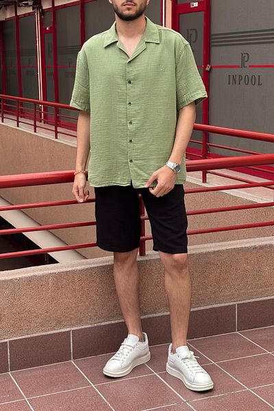 inpool Men'S, Apaş Collar, Oversize, 100% Cotton, Muslin Woven, Short Sleeve Shirt G14