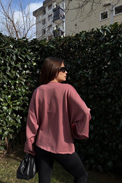 NEW LAVİVA Γυναικείο ύφασμα κατάδυσης σε πούδρα, λεπτομέρεια με ασημί κουμπί, φαρδιά μπλούζα μπουφάν