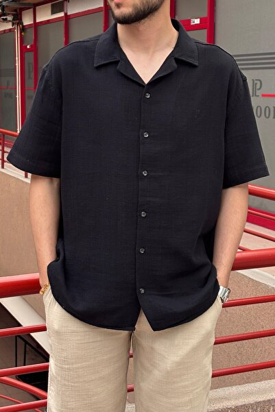 inpool Men'S, Apaş Collar, Oversize, 100% Cotton, Muslin Woven, Short Sleeve ...