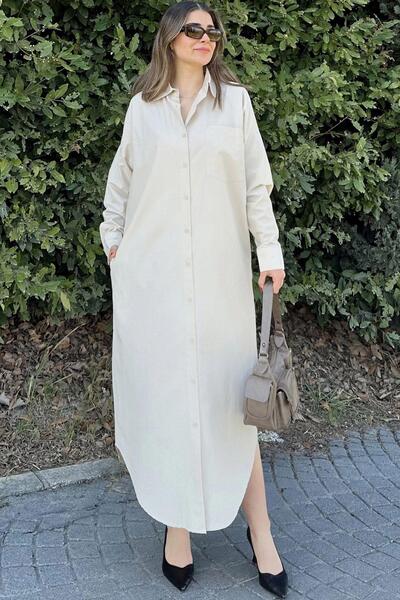 NEW LAVİVA Ecru Poplin Shirt Dress - Long Sleeve, Oval Skirt, Loose and Tall