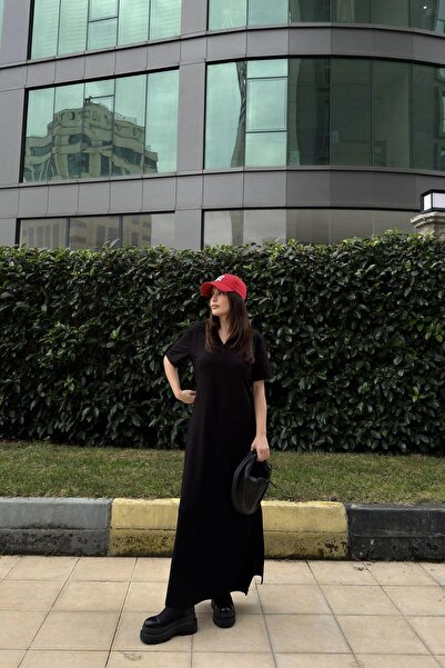 NEW LAVİVA Γυναικείο μαύρο γιακά πόλο, κοντό μανίκι, σπαστό, βασικό μοντέλο, μακρύ φαρδύ φόρεμα