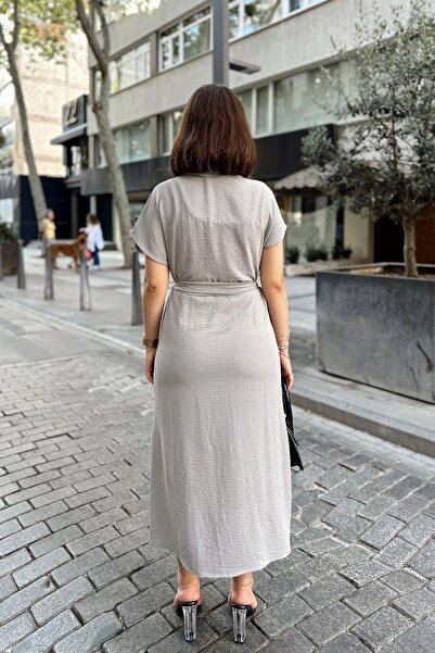 NEW LAVİVA Gray/Stone Short Sleeve, Shirt Collar, Solid Pattern, Double Pocket, Aerobin Fabric, Belted Maxi Dress