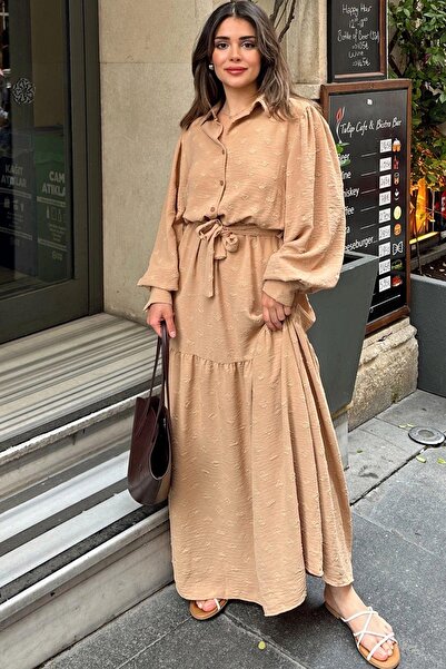 NEW LAVİVA Γυναικείο φόρεμα σε χρώμα Camel - Ζώνη στη μέση, Μπαλόνι μανίκι, Α-γραμμή, Vintage Maxi - Κατάλληλο για Hijab