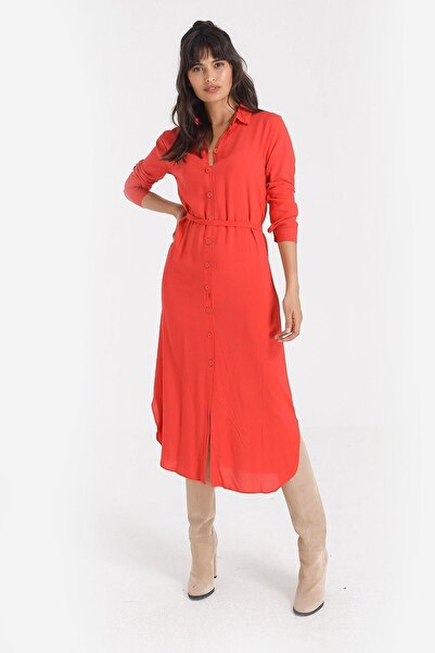 NEW LAVİVA Women's Red Belt Detailed Side Slit Long Sleeve Shirt Dress - Regular Fit, Standard Size
