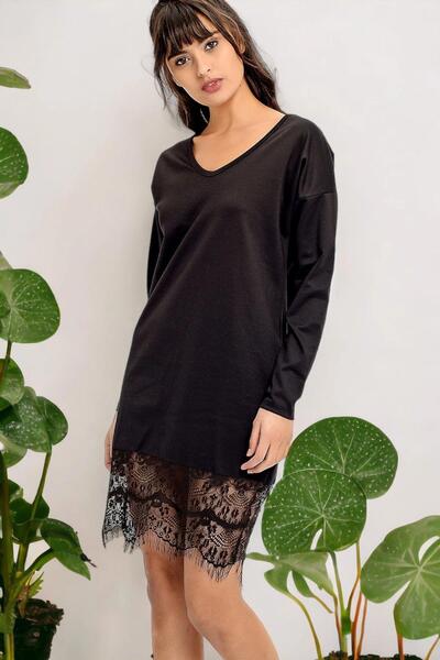 NEW LAVİVA Γυναικείο μαύρο λαιμόκοψη V, λεπτομέρεια με δαντέλα, μακρυμάνικο, ...