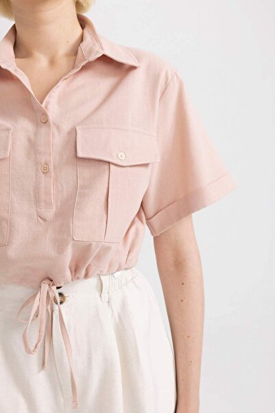 DeFacto Cropped Fit Gömlek Yaka Keten Karışımlı Kısa Kollu Bluz C6812AX24SM