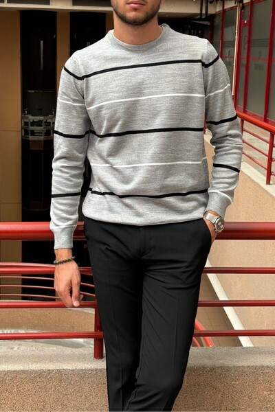 inpool Men's Crew Neck Knitwear Sweater - Stripe Detailed, Standard Fit, Old Money Culture 24Pltk04