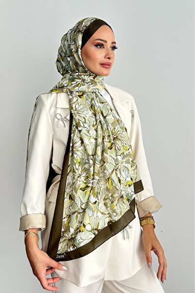Stella Eşarp Lotus Flower Pattern Khaki Color Soft Cotton Shawl