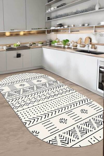 Decomia Home Dijital Kaymaz Yıkanabilir Oval Kırık Beyaz Mutfak Halısı Salon ...