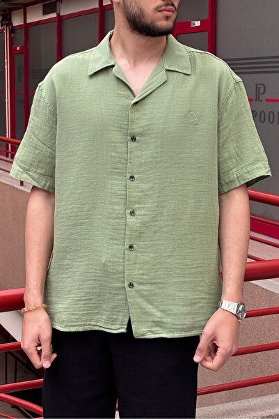 inpool Erkek, apaş yaka, Oversize, %100 pamuk, Müslin dokuma, Kısa kollu gömlek G14