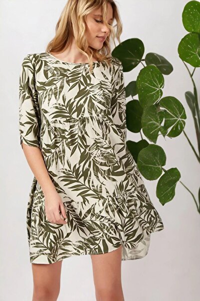 NEW LAVİVA Rochie de damă cu model de frunze verzi, cu mâneci lungi, croială ...